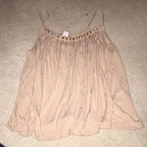 pink tank top with gold pears on the neckline